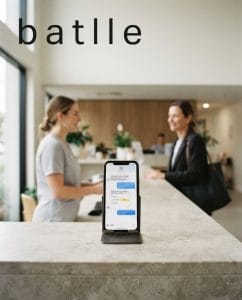 Citas por WhatsApp para clínicas: móvil en el mostrador con un chat que confirma una cita mientras la recepcionista atiende a una paciente